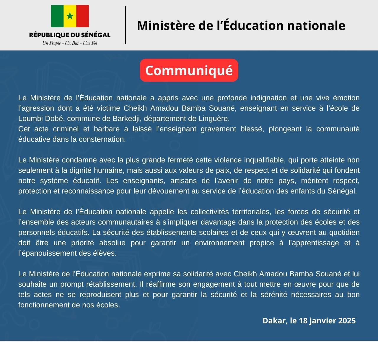 Violente agression d’un enseignant à Loumbi Dobé : le Ministère de l’Éducation nationale dénonce un acte « barbare et criminel »