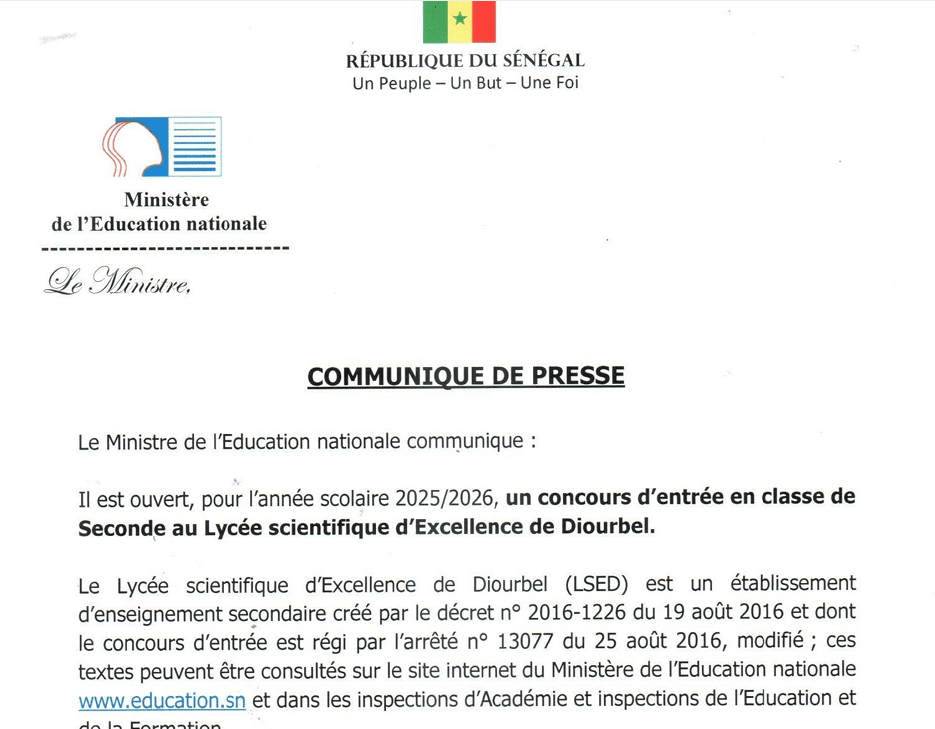 Concours d’entrée au Lycée Scientifique d’Excellence de Diourbel : l’appel à la nouvelle génération d’élites scientifiques est lancé