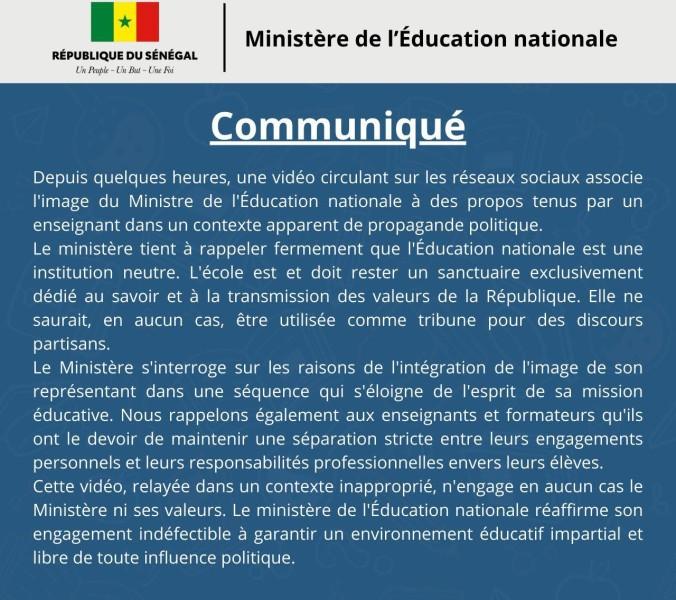 Le Ministère de l’Éducation nationale condamne fermement l’instrumentalisation de son image dans une vidéo à caractère politique