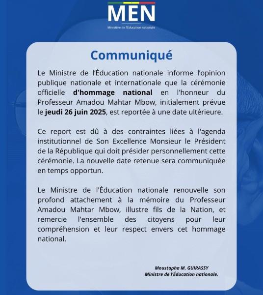 La cérémonie d’hommage national au Professeur Amadou Mahtar MBOW reportée